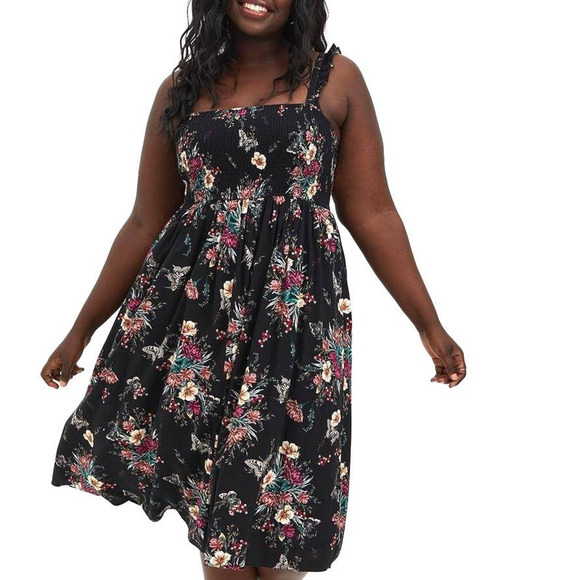Torrid Size 00 Black Butterfly Floral Smocked Challis Midi Sun Dress w/Pockets - Picture 2 of 4